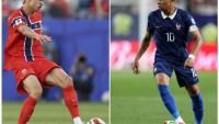 La star de la Norvège Erling Haaland (G) fera face au capitaine des Bleus Kylian Mbappé, lors du Mondial-2026, le 26 juin 2026 à Boston