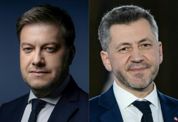 Combinaison d'images réalisée le 15 mars 2026 du maire de gauche sortant de Marseille Benoît Payan, à gauche, et à sa doite le candidat RN Franck Allisio