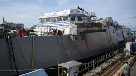 Kimon, l'une des quatre frégates construites par Naval group pour la Grèce à Lorient, dans l'ouest de la France, le 4 octobre 2023