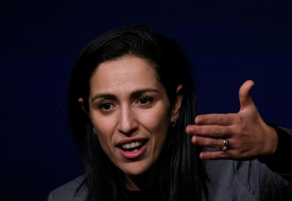 Sarah El Haïry lors d'une réunion de campagne de Foulques Chombart de Lauwe, candidat du parti de droite Les Républicains (LR) à la mairie de Nantes, le 14 janvier 2025 à Nantes