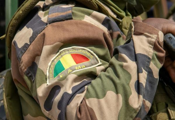 Photo montrant le logo des Forces armées maliennes (FAMA) lors d'une rencontre entre des membres de l'association Tamouzok ("vivre ensemble") et les autorités maliennes à Bamako, le 15 février 2025.