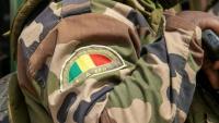Photo montrant le logo des Forces armées maliennes (FAMA) lors d'une rencontre entre des membres de l'association Tamouzok ("vivre ensemble") et les autorités maliennes à Bamako, le 15 février 2025.