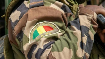 Photo montrant le logo des Forces armées maliennes (FAMA) lors d'une rencontre entre des membres de l'association Tamouzok ("vivre ensemble") et les autorités maliennes à Bamako, le 15 février 2025.