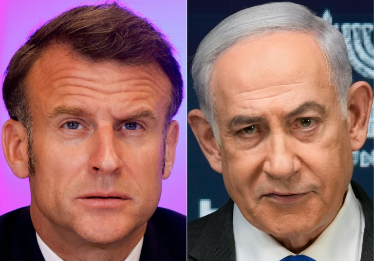 Combo des photos du président français Emmanuel Macron et du Premier ministre israélien Benjamin Netanyahu