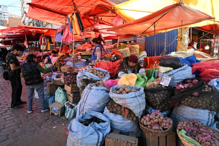 Des habitants sur un marché touché par les pénuries dues aux barrages routiers et aux manifestations contre le président Rodrigo Paz, le 19 mai 2026 à La Paz, en Bolivie