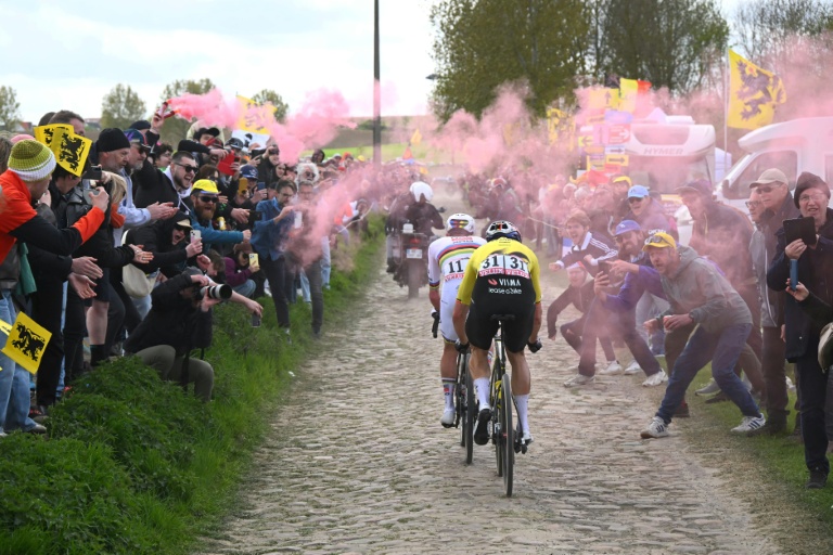 Le Slovène Tadej Pogacar et le Belge Wout Van Aert lors de Paris-Roubaix le 12 avril 2026