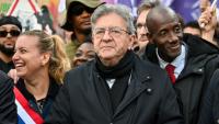 (g-d) La députée LFI Mathilde Panot, Jean-Luc Mélenchon, candidat de LFI à la présidentielle et Bally Bagayoko, maire LFI de Saint-Denis, participent à une manifestation contre la vie chère, le 17 octobre 2026 à Paris
