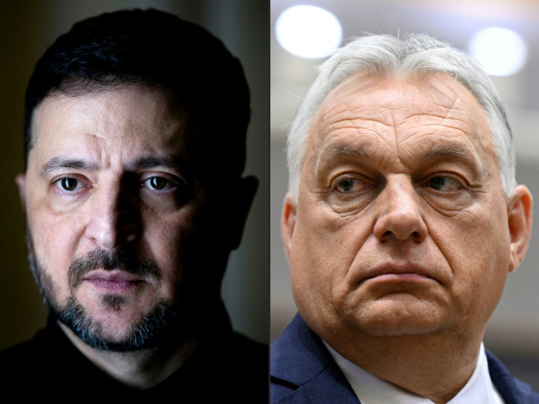 Combinaison de photos du président ukrainien Volodymyr Zelensky (G, 20 février 2026 à Kiev) et du Premier ministre hongrois Viktor Orban (D, le 26 juin 2025 à Bruxelles)