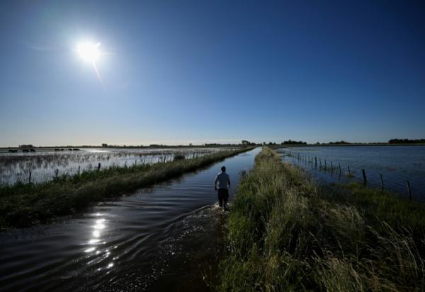 Une route inondée en raison de fortes pluies à 9 de Julio, dans la province de Buenos Aires, en Argentine, le 5 novembre 2025