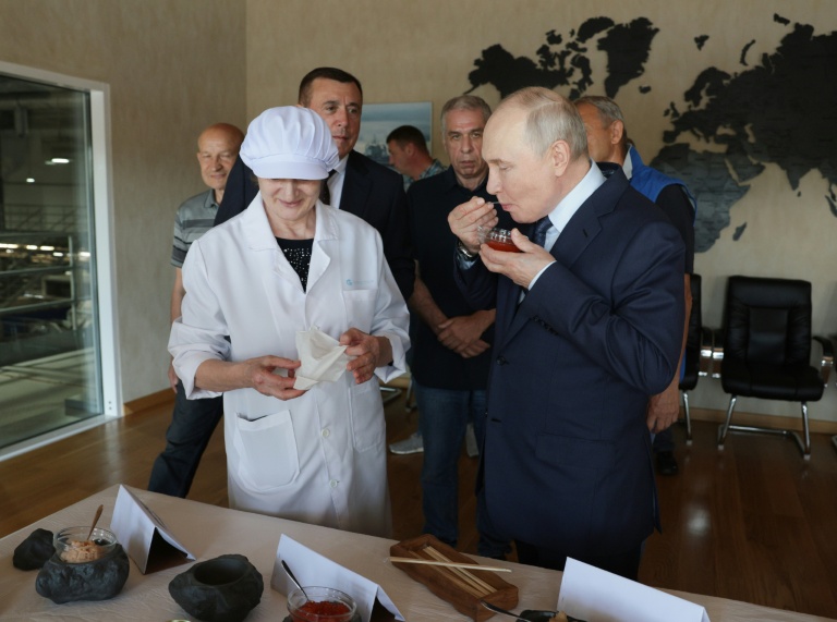 Photo de l'agence russe Sputnik montrant le président russe Vladimir Poutine goûtant du caviar lors d'une visite à l'usine de transformation du poisson Yasny, à Itouroup, dans l'archipel des îles Kouriles, disputé avec le Japon, le 13 août 2026