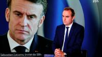Le Premier ministre démissionnaire Sébastien Lecornu devant un portrait du président Emmanuel Macron lors d'une interview sur le plateau du JT de 20H00 de France 2, le 8 octobre 2025 à Paris