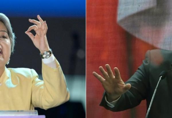 (COMBO) Cette combinaison de photos d’archives réalisée le 14 novembre 2025 montre la candidate présidentielle chilienne Jeannette Jara (g), de la coalition Unidad por Chile, lors de son meeting de clôture de campagne à Valparaíso, le 13 novembre 2025, et José Antonio Kast (d), du Parti républicain, lors de son propre meeting de clôture de campagne à Concepción, au Chili, le 13 novembre 2025