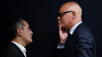 Gérald Darmanin, alors ministre de  l'Intérieur, et Edouard Philippe le 30 avril 2024 à Paris