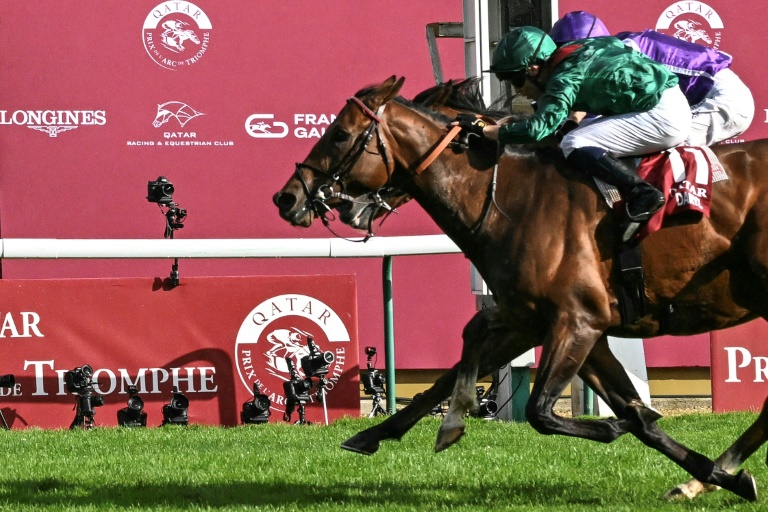 Le cheval pur-sang français Daryz, monté par Mickaël Barzalona a remporté le Prix de l'Arc de Triomphe 2025, défendant les couleurs de l'Aga Khan, à Paris le 5 octobre 2025.