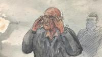 Croquis d'audince du 22 mai 2025 montrant l'ex-chirurgien pédocriminel Joël Le Scouarnec lors de son procès pour viols et agressions sexuelles au palais de justice de Vannes, le 22 mai 2025 dans le Morbihan