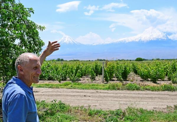 Le producteur d'abricots Aramais Kazaryan, lors d'un entretien avec l'AFP dans son verger du village de Vosketap, dans la vallée de l'Ararat, le 9 juin 2026 en Arménie