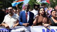 Le maire LFI de Saint-Denis, Bally Bagayoko (c), participe à une marche contre le racisme et l'extrême droite, le 21 juin 2026 à Paris