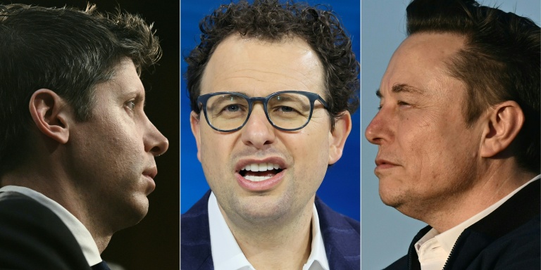 Cette combinaison d'images réalisée le 12 septembre 2026 montre, de gauche à droite, le patron d'Open AI Sam Altman, le patron d'Anthropic Dario Amodei et Elon Musk, patron notamment de xAI