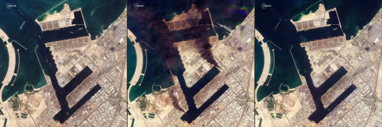 Cette combinaison d'images prises par satellite fournies par Planet Labs PBC en 2026 montre une vue du port de Jebel Ali à Dubaï, les (de G à D) 26 février 2026, 1er mars, avec des panaches de fumée s'élevant après une attaque de projectiles iraniens, et 2 mars
