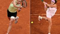 La Polonaise Maja Chwalinska (à gauche) et la Russe Mirra Andreeva lors de leurs quarts de finale respectifs à Roland-Garros, les 3 et 2 juin 2026. Les deux joueuses sont l'affiche totalement inattendue de la finale du Majeur parisien samedi sur le court Philippe-Chatrier