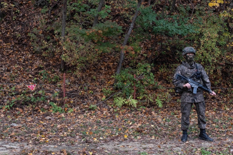 Un soldat sud-coréen devant un champ de mines en lisière de la Zone démilitarisée (DMZ) entre les deux Corées, le 21 octobre 2026 à Yanggu, en Corée du Sud