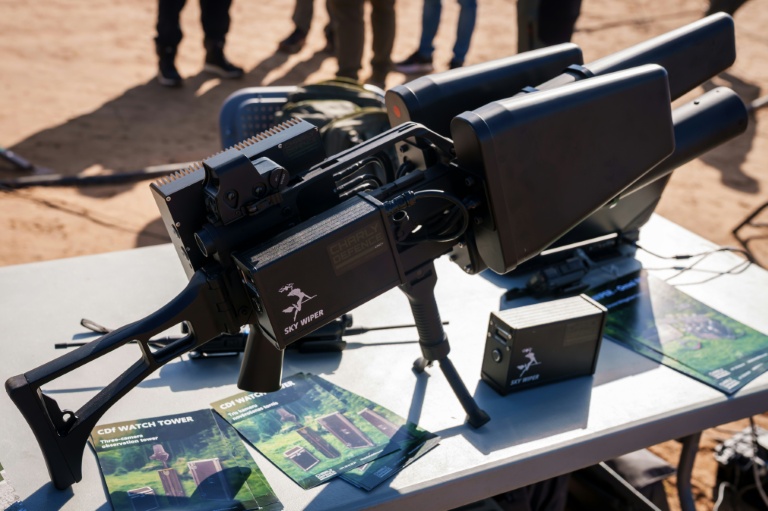 A Lithuanian SkyWiper anti drone weapon on display at anti-drone international military exercises hosted by Latvia in 2025