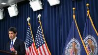 Le patron de la Fed, Kevin Warsh, donne une conférence de presse, le 16 septembre 2026 à Washington