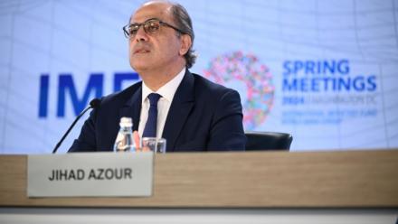 Le directeur régional du FMI, Jihad Azour, lors d'une réunion sur les perspectives économiques pour le Moyen-Orient et l'Asie centrale, le 18 avril 2024 à Washington