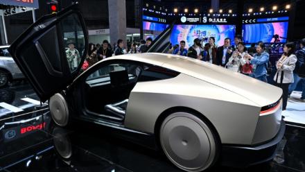 A prototype of Tesla's Cybercab seen at the 8th International Import Expo in Shanghai in November 2025