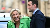 La présidente du groupe RN à l'Assemblée nationale Marine Le Pen et le président du parti Jordan Bardella, à Paris le 11 mars 2026