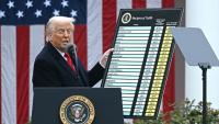 Le président américain Donald Trump annonce des droits de douane réciproques à la Maison Blanche, à Washington, aux Etats-Unis, le 2 avril 2025
