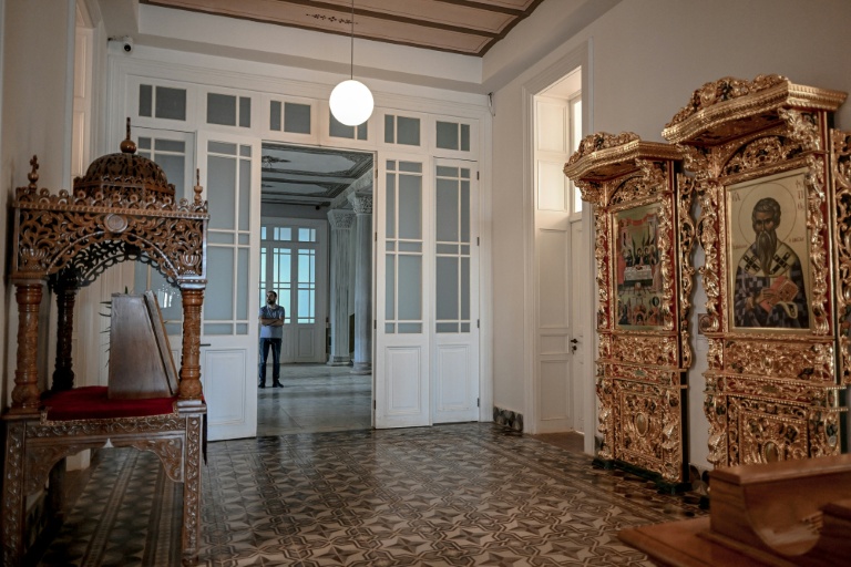 Une pièce du séminaire de Halki, ouvert au milieu du XIXe siècle et qui fut la principale école de théologie de l'Église orthodoxe orientale jusqu'à sa fermeture en 1971, le 2 juillet 2026 à Heybeliada, au large d'Istanbul