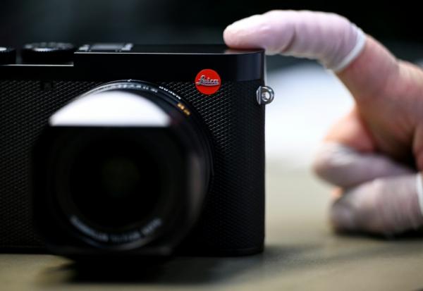 A small Leica logo is pictured at the Leica factory in Wetzlar