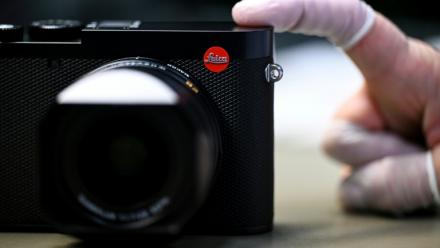 A small Leica logo is pictured at the Leica factory in Wetzlar