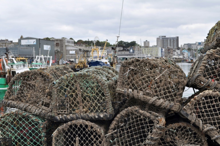 Des casiers à crabes sur un quai du port de Plymouth, dans le sud-ouest de l'Angleterre, le 21 août 2025