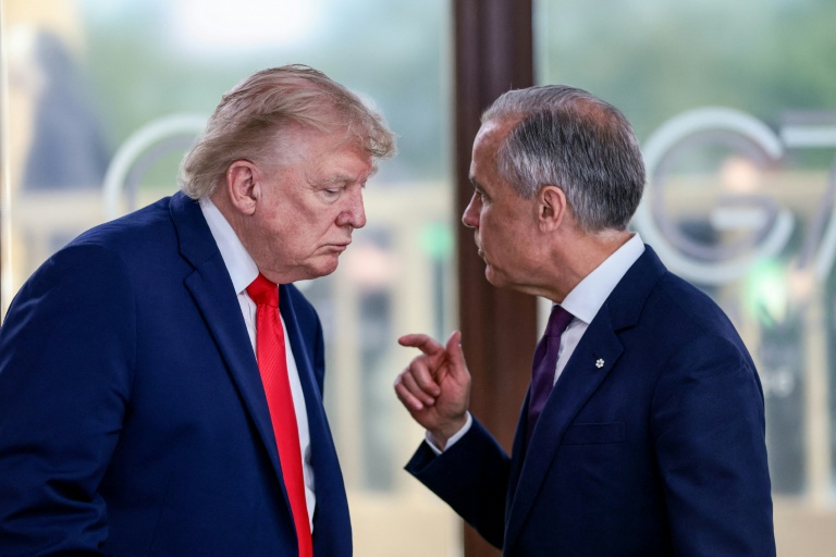 Le président américain Donald Trump (g) et le Premier ministre canadien Mark Carney lors du sommet du G7 à Evian, le 16 juin 2026 dans l'est de la France