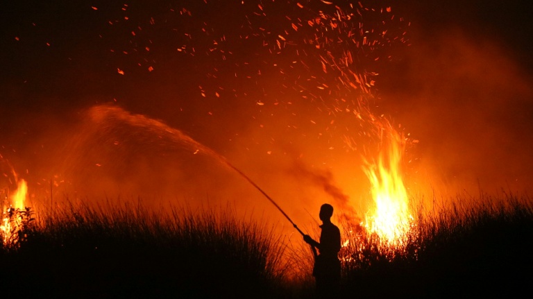 Photo prise le 11 août 2026 d'un villageois arrosant la végétation lors d'un incendie à Palangkaraya, dans le Kalimantan en Indonésie