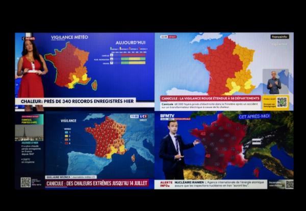 Des chaînes d'information françaises affichant une carte de la France, au plus fort de la vague de chaleur. La canicule qui touche la France métropolitaine depuis le 17 juin a fait grimper les températures à 40 °C ou plus dans plus de 50 départements, principalement dans l’ouest et le sud du pays, selon une analyse de l’AFP basée sur les données de Météo-France.