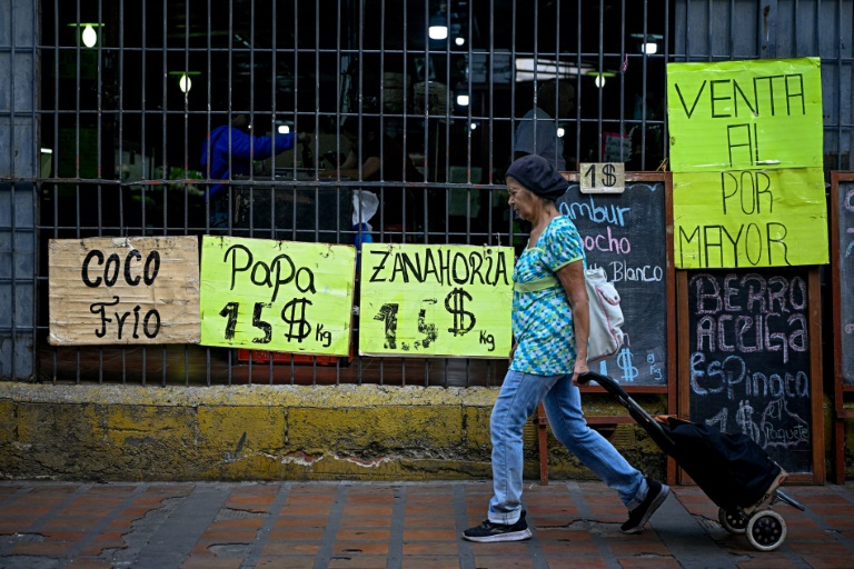 Une femme tire un chariot de courses à roulettes devant un supermarché qui affiche sur des panneaux les prix des aliments en dollars américains à Caracas, le 22 avril 2026