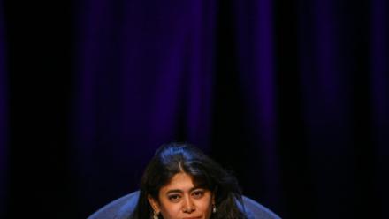 L'eurodéputée franco-palestinienne Rima Hassan, lors des conférences d'été "Amfis" de LFI à Châteauneuf-sur-Isère, le 22 août 2026 dans la Drôme