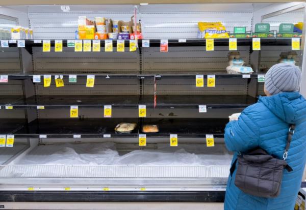 Une femme prend des œufs sur des étagères en grande partie vides, tandis que les habitants font des provisions avant l’arrivée d’un front froid prévu dans la région d’Arlington, en Virginie, le 23 janvier 2026