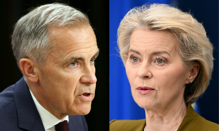 Combinaison d'images réalisée le 15 septembre 2026 du Premier ministre canadien Mark Carney, à gauche et de la présidente de la Commission européenne, Ursula von der Leyen 