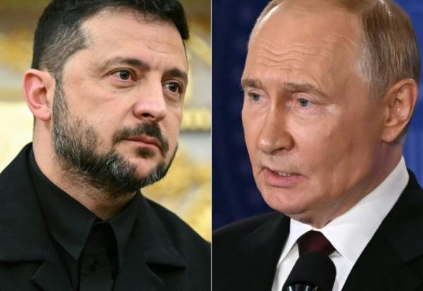 Volodymyr Zelensky (g) à Washington, le 18 août 2025, et Vladimir Poutin à Anchorage, en Alsaka, le 15 août 2025