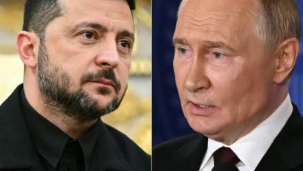 Volodymyr Zelensky (g) à Washington, le 18 août 2025, et Vladimir Poutin à Anchorage, en Alsaka, le 15 août 2025